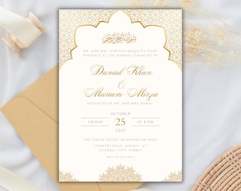 White and Gold Nikkah Invitation Card, Digital Muslim Wedding Invite, Islamic Nikkah Invite, Islamic Wedding Card, Instant Download
