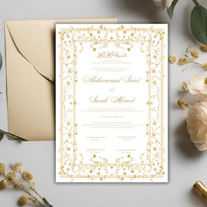 K&ouml;nnte beinhalten: Eine wei&szlig;e Heiratsurkunde mit einem goldenen, verzierten Rahmen. Der Text lautet: "Diese Vereinbarung bescheinigt, dass die Ehe von Muhammad Saad und Sarah Ahmed in &Uuml;bereinstimmung mit den Anforderungen des islamischen Scharia-Gesetzes geschlossen wurde, am 14. Dezember 2023, entsprechend dem 3. Tag von Jumada al-Thani 1445, in der Stadt London, Vereinigtes K&ouml;nigreich."