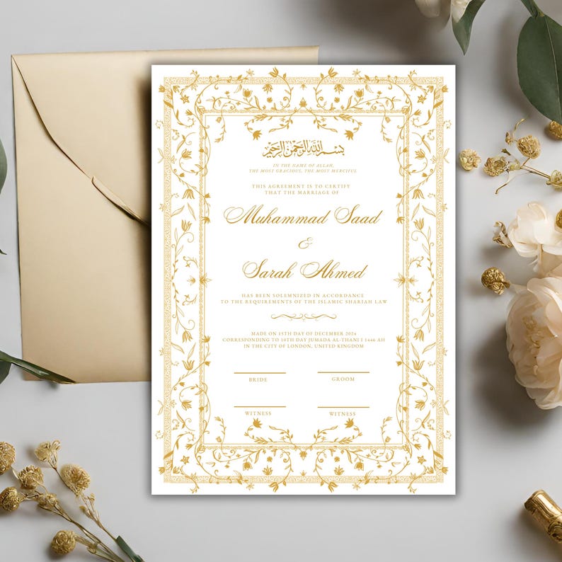 K&ouml;nnte beinhalten: Eine wei&szlig;e Heiratsurkunde mit einem goldenen, verzierten Rahmen. Der Text lautet: "Diese Vereinbarung bescheinigt, dass die Ehe von Muhammad Saad und Sarah Ahmed in &Uuml;bereinstimmung mit den Anforderungen des islamischen Scharia-Gesetzes geschlossen wurde, am 14. Dezember 2023, entsprechend dem 3. Tag von Jumada al-Thani 1445, in der Stadt London, Vereinigtes K&ouml;nigreich."
