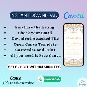 May include: A digital download for a wedding invitation template in Canva. The template features a white background with gold and gray floral designs. The text "Areesha Mirza & Saim Mushtag" is in gold lettering. The text "INSTANT DOWNLOAD Canva" is in black lettering. The text "SELF - EDIT WITHIN MINUTES" is in black lettering.