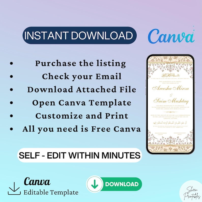 May include: A digital download for a wedding invitation template in Canva. The template features a white background with gold and gray floral designs. The text "Areesha Mirza & Saim Mushtag" is in gold lettering. The text "INSTANT DOWNLOAD Canva" is in black lettering. The text "SELF - EDIT WITHIN MINUTES" is in black lettering.
