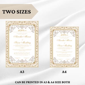 May include: Two wedding invitation designs in A3 and A4 sizes. The invitations feature a gold and white floral border with Arabic calligraphy and the names "Areesha Mirza" and "Saim Mushtag".