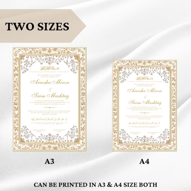 May include: Two wedding invitation designs in A3 and A4 sizes. The invitations feature a gold and white floral border with Arabic calligraphy and the names "Areesha Mirza" and "Saim Mushtag".
