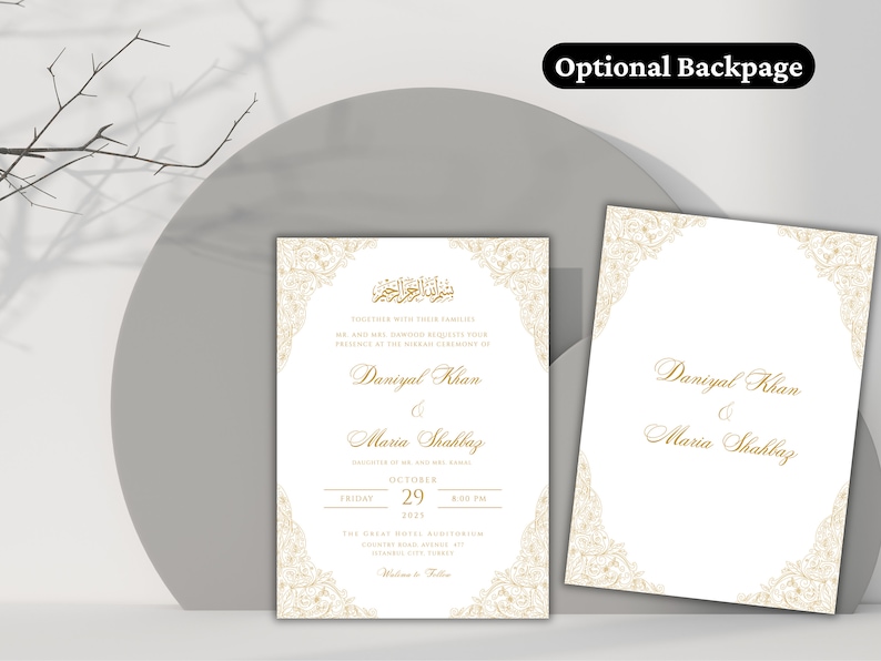 May include: Gold wedding invitation with ornate floral border and Arabic calligraphy. The invitation includes the names Daniyal Khan and Maria Shahbaz, the date October 29, 2021, and the time 8:00 PM. The invitation also includes the location: The Grand Hotel Ballroom, 1234 Main Street, Anytown, NJ 07001.