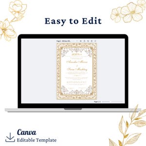 May include: A digital mockup of a wedding invitation template on a laptop screen. The invitation features a gold and white floral design with the text "Areesha Mirza & Saim Mushtag" in a gold font. The template is labeled "Easy to Edit" and "Canva Editable Template".