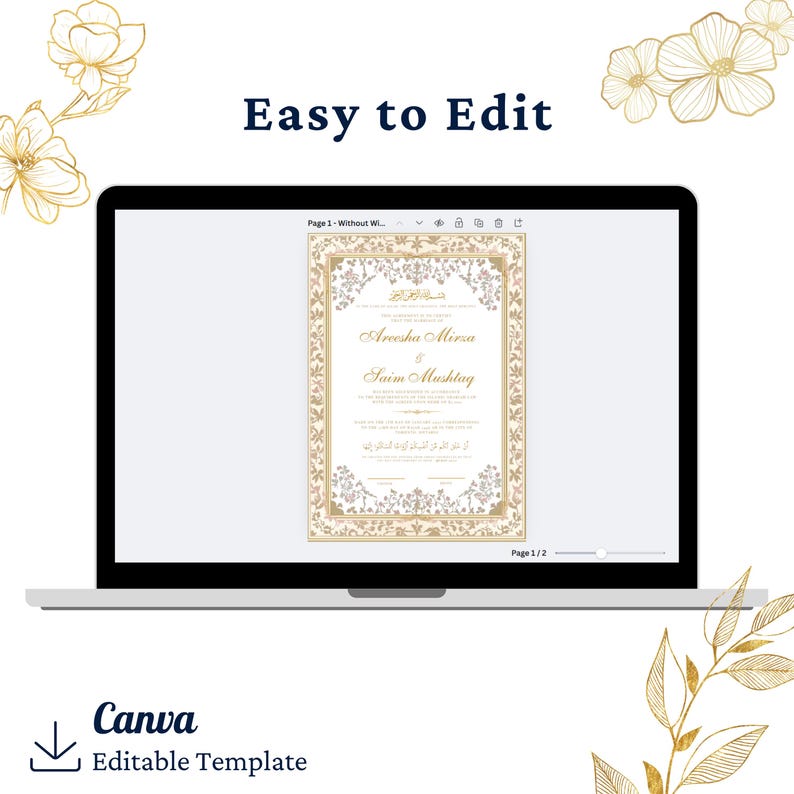 May include: A digital mockup of a wedding invitation template on a laptop screen. The invitation features a gold and white floral design with the text "Areesha Mirza & Saim Mushtag" in a gold font. The template is labeled "Easy to Edit" and "Canva Editable Template".