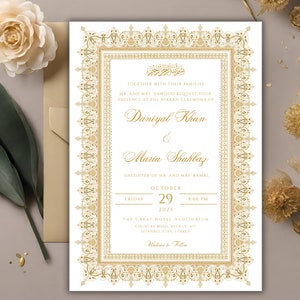 May include: Gold and white wedding invitation with an ornate border. The invitation reads "Together with their families, Mr. and Mrs. Dawood request your presence at the Nikkah Ceremony of Daniyal Khan & Maria Shahbaz, Daughter of Mr. and Mrs. Kamal. Friday, October 29, 2025, 8:00 PM. The Great Hotel Auditorium, Country Road Avenue #11, Istanbul City, Turkey. Welcome to Follow."