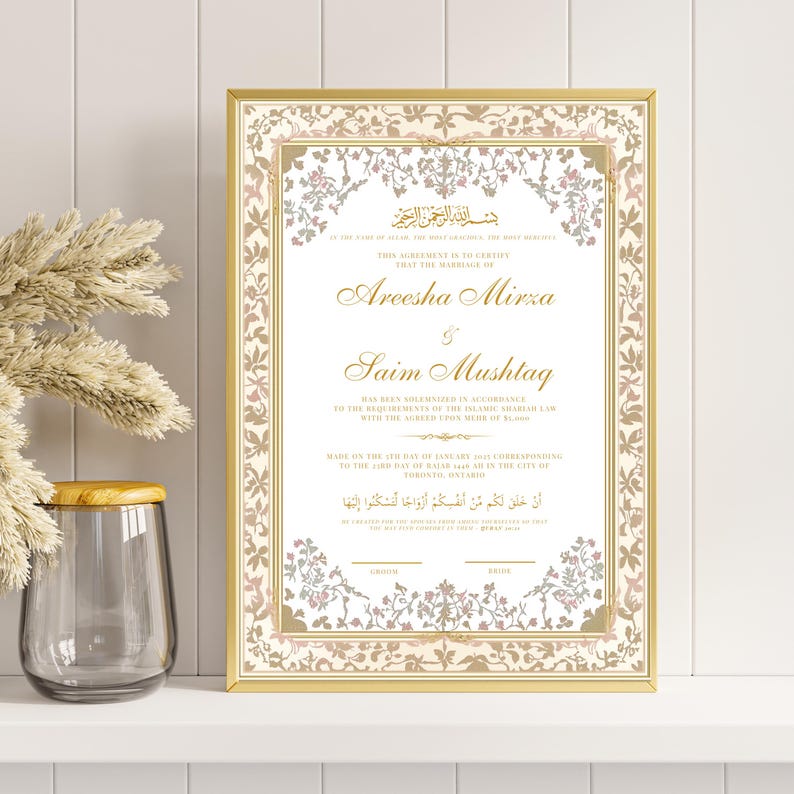 May include: A white Islamic marriage certificate with gold and pink floral designs. The text reads "This agreement is to certify that the marriage of Areesha Mirza & Saim Mushtaq has been solemnized in accordance to the requirements of the Islamic Shariah Law with the agreed upon Mehr of $1,000. Made on the 17th day of January 2023 (corresponding to the 27th day of Rajab 1444) in the city of Toronto, Ontario."