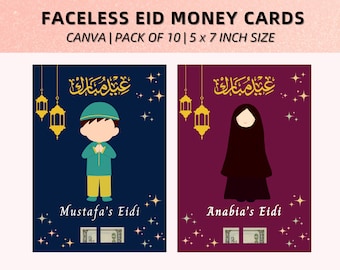 May include: Two printable Eid money cards, one with a blue background and a cartoon boy, and the other with a purple background and a cartoon girl wearing a hijab. Both cards feature the Arabic text "Eid Mubarak" and a space for money. The cards are 5 x 7 inches.