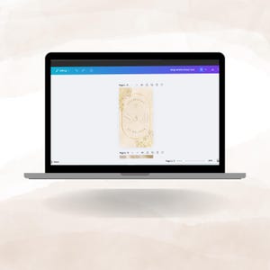 May include: A laptop screen displaying a digital design for a wedding invitation. The invitation features a gold design with the initials "S&J" and the date "22.04.2024".