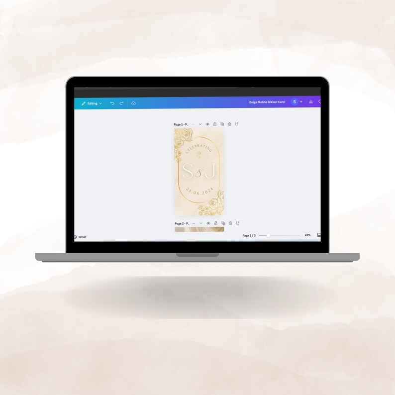 May include: A laptop screen displaying a digital design for a wedding invitation. The invitation features a gold design with the initials "S&J" and the date "22.04.2024".