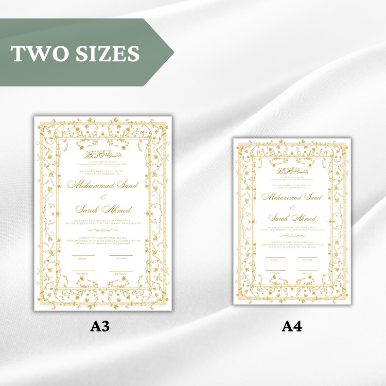 K&ouml;nnte beinhalten: Zwei Hochzeitskarten-Designs in Gold und Wei&szlig; mit einem verzierten floralen Rand. Der Text lautet "Muhammad Saad & Sarah Ahmed" und enth&auml;lt den arabischen Satz "Im Namen Allahs, des Allerbarmers, des Barmherzigen". Die Einladungen werden in den Gr&ouml;&szlig;en A3 und A4 gezeigt.