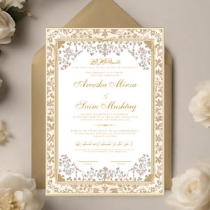 May include: A white wedding invitation with gold and pink floral accents. The text reads "This agreement is to certify that the marriage of Areesha Mirza & Saim Mushtaq has been solemnized in accordance to the requirements of the Islamic Shariah Law with the agreed upon mehr of 45,000. Made on the 5th day of January 2023 corresponding to the 23rd day of Rajab 1444 AH in the city of Toronto, Ontario."