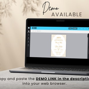 May include: A laptop screen displaying a wedding invitation template with a gold and white design. The text on the invitation reads "Demo Available".