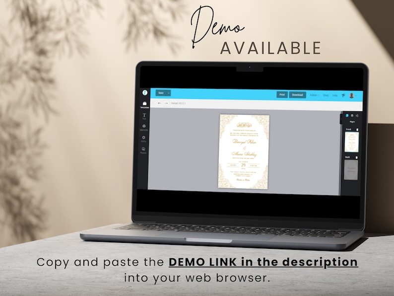 May include: A laptop screen displaying a wedding invitation template with a gold and white design. The text on the invitation reads "Demo Available".