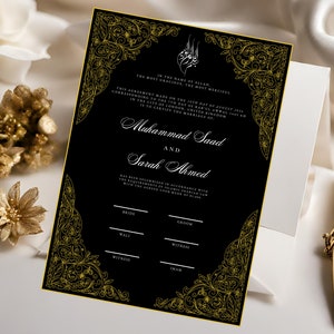 Szablon do pobrania cyfrowego certyfikatu Nikkah, edytowalny złoty i czarny kontrakt Nikkah A3, A4 islamski Nikah Nama, wydrukowany muzułmański Nikkahnama