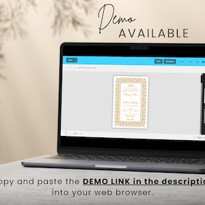 May include: A laptop screen displaying a wedding invitation template with a gold ornate border. The text on the screen reads "Demo Available". The text below the image reads "Copy and paste the DEMO LINK in the description into your web browser."