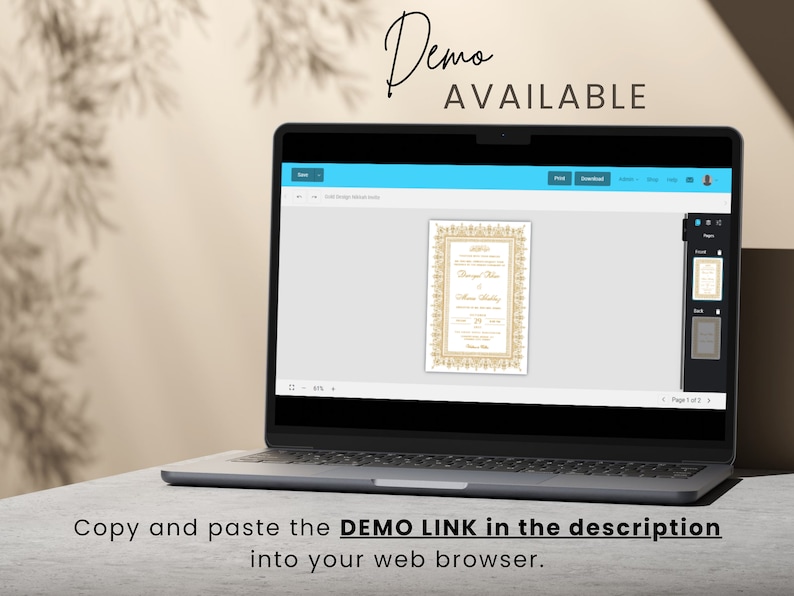 May include: A laptop screen displaying a wedding invitation template with a gold ornate border. The text on the screen reads "Demo Available". The text below the image reads "Copy and paste the DEMO LINK in the description into your web browser."