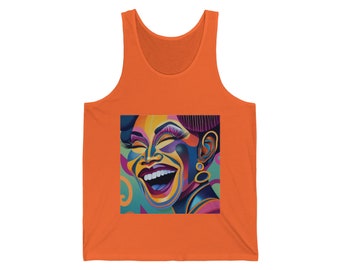 May include: A colorful illustration of a person laughing with their mouth open. The illustration is done in a geometric style with bright colors like blue, yellow, orange, and pink.