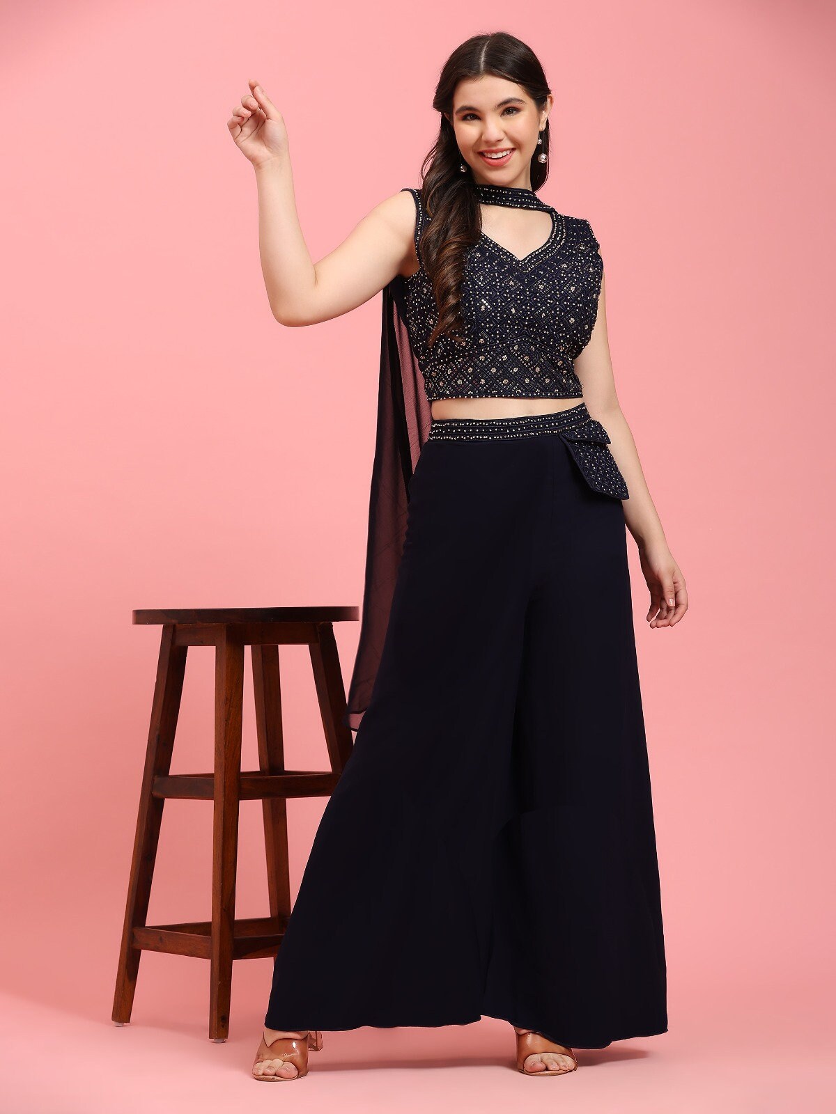Embroidered Crop Top With Skirt and Attached Dupatta Indo Western Set