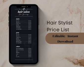Lista de preços digital editável para cabeleireiro Modelo Canva editável, Guia de preços para impressão, Preços de salão de beleza, Lista de preços de salão editável