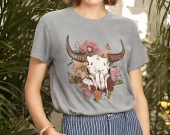 Camiseta con estampado de calavera de vaca estilo bohemio: Camisa vaquera estilo western
