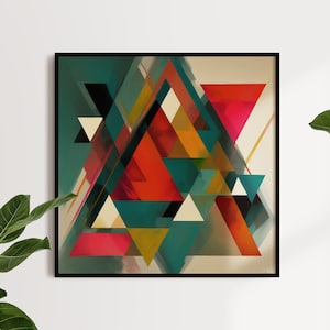 May include: Abstract geometric art print with a mix of teal, red, orange, yellow, and white triangles. The print is framed in a black frame.