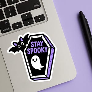 Stay Spooky Sticker – Cute Goth Bat & Ghost Coffin Design, Spooky Cute Vinyl Sticker, Halloween Aesthetic, Pastel Goth Sticker