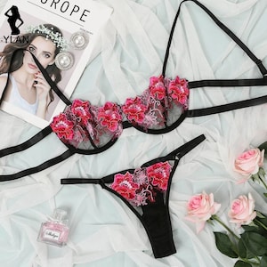 Black Lingerie Set, Lace Bra and Mid-waist Panty Set, Sheer Bra