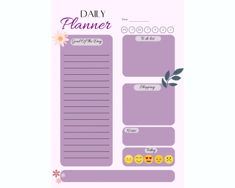 Digital printable one page daily planner etsy