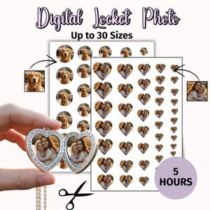 May include: A silver heart-shaped locket with a photo inside, displayed open. The image shows a woman and child. The words "Digital Locket Photo" and "Up to 30 Sizes" are at the top. There are also photo stickers of a dog and a woman with a child.
