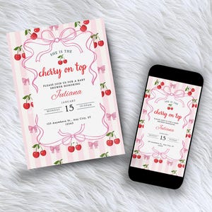 May include: Baby shower invitation with a pink and white striped background. The invitation features a cherry and bow design with the text "She is the cherry on top" and details for Juliana's baby shower.