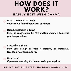 May include: A pink and white graphic with the text "HOW DOES IT WORK?" and "EASILY EDIT WITH CANVA." Instructions include downloading, customizing in Canva, and sharing on social media. The bottom of the graphic reads "NO EXPIRATION DATES &bull; NO DOWNLOAD LIMITS."