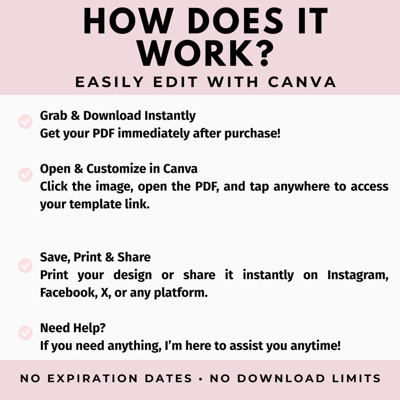 May include: A pink and white graphic with the text "HOW DOES IT WORK?" and "EASILY EDIT WITH CANVA." Instructions include downloading, customizing in Canva, and sharing on social media. The bottom of the graphic reads "NO EXPIRATION DATES &bull; NO DOWNLOAD LIMITS."