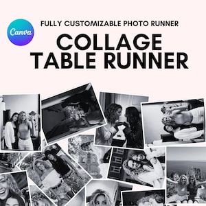 Peut inclure: Une nappe personnalisable avec un collage de photos en noir et blanc. Le texte "COLLAGE TABLE RUNNER" est affiché en grandes lettres en gras. Le logo Canva est dans le coin supérieur gauche.