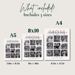 May include: A set of three framed photo prints in A5 (5.8 x 8.3 inches), 8x10 inches, and A4 (8.3 x 11.7 inches) sizes. Each print features a collage of family photos with the text "MOM" and "You are the heart of our family."