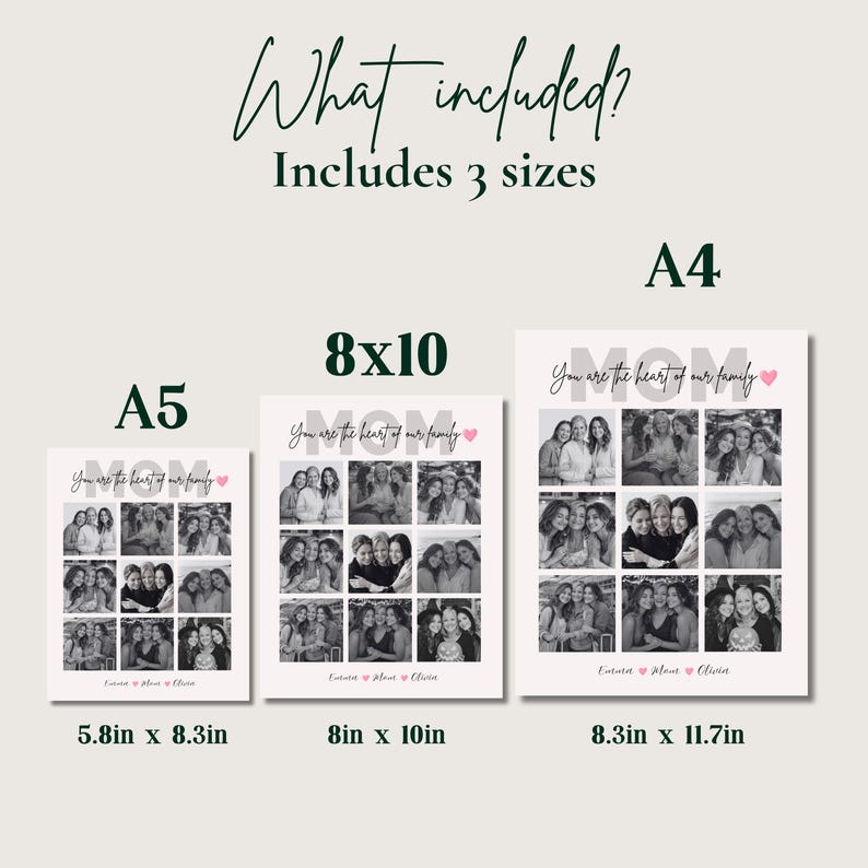 May include: A set of three framed photo prints in A5 (5.8 x 8.3 inches), 8x10 inches, and A4 (8.3 x 11.7 inches) sizes. Each print features a collage of family photos with the text "MOM" and "You are the heart of our family."