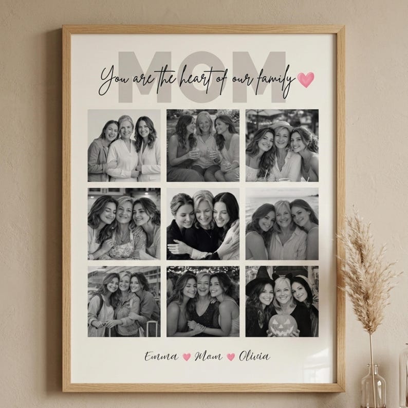May include: A framed print with a light wood frame. The print features nine black and white photos of women. The word "MOM" is at the top, with the phrase "You are the heart of our family" and a pink heart. Names are at the bottom.