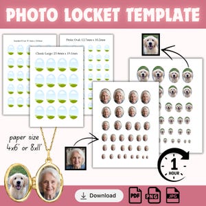 May include: A gold oval photo locket necklace with a photo of a dog and a woman. The image includes a template with various oval sizes and the text "PHOTO LOCKET TEMPLATE". The paper size is 4x6' or 8x11'.