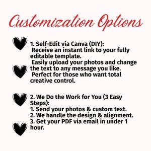 May include: A cream-colored graphic with the title "Customization Options" in a cursive font. The text describes two options: self-editing via Canva and a service where the design is handled for you. Black heart icons are used as bullet points.