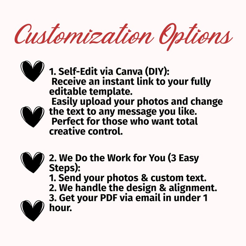 May include: A cream-colored graphic with the title "Customization Options" in a cursive font. The text describes two options: self-editing via Canva and a service where the design is handled for you. Black heart icons are used as bullet points.