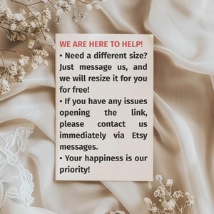 May include: A beige card with the text "WE ARE HERE TO HELP!" in red. The card includes bullet points about resizing, contacting via Etsy messages, and customer satisfaction. The card is on a cream-colored fabric.