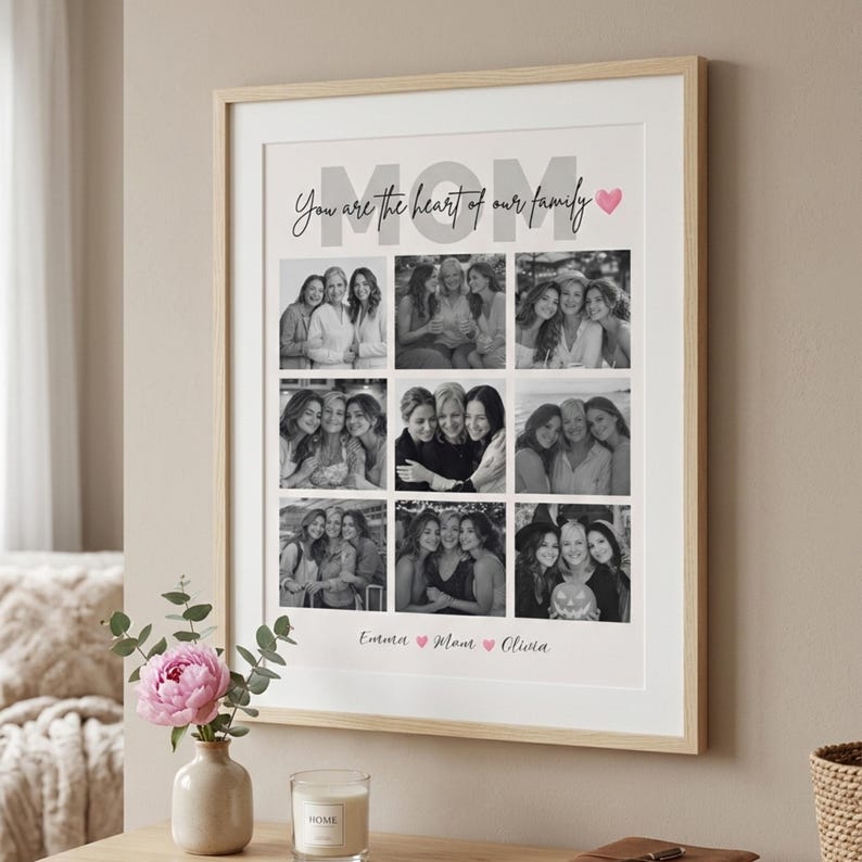 May include: A framed photo collage with a light wood frame. The collage features multiple black and white photos of women. The text "MOM You are the heart of our family" is at the top, with names below.