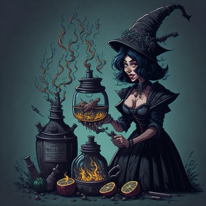 Vintage witch brewing a funny-looking potion with exaggerated ingredients.