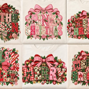 Peut inclure: Six t-shirts blancs avec des motifs de fêtes. Les designs incluent des couronnes, des nœuds et des motifs de sucre d'orge avec les textes Tis The Season, Pink Christmas, Merry Christmas, Holly Jolly, Merry et Merry & Bright en couleurs.