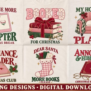 Peut inclure: Six motifs pour t-shirts illustrant des livres sur le thème des fêtes. Les graphismes incluent des piles de livres avec des nœuds, un fauteuil rose avec un chat, une chaussette de Noël et des accessoires de lecture avec des textes festifs.