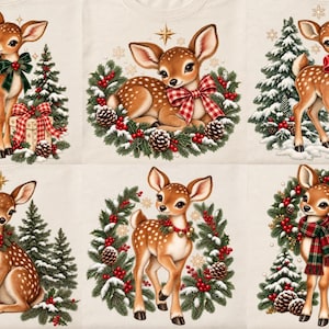 Peut inclure: Une collection de six illustrations représentant des faons bruns à taches blanches dans divers décors hivernaux. Les faons sont illustrés avec des sapins de Noël, des couronnes de pin, des nœuds rouges, des écharpes à carreaux et des cadeaux.