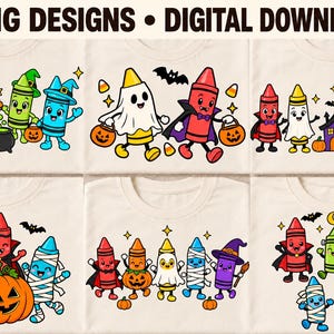 Peut inclure: Six designs numériques représentant des personnages crayons colorés déguisés pour Halloween en fantômes, vampires, momies et sorcières, avec des citrouilles, des chauves-souris et des chaudrons. Le texte 6 PNG DESIGNS DIGITAL DOWNLOAD est en haut.