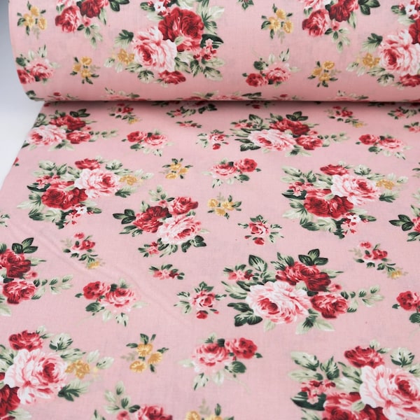 Baumwollstoff Meterware "Mia" Rosa Blumen Rosen Vintage Stoff 240 cm Maxi-Breite 100% Baumwolle Oeko-Tex