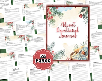 May include: An Advent Devotional Journal with 28 pages. The cover features watercolor art of a baby in a manger, with text in a script font. Pages have space for notes, with Christmas-themed greenery and berries.